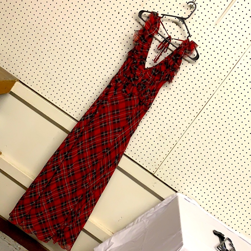 Free People red plaid holiday maxi long dress RARE